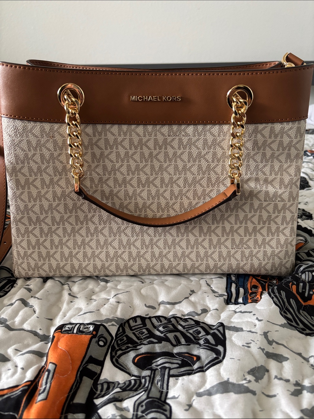 Michael Kors Tan & Beige Logo Chain-Handle Tote